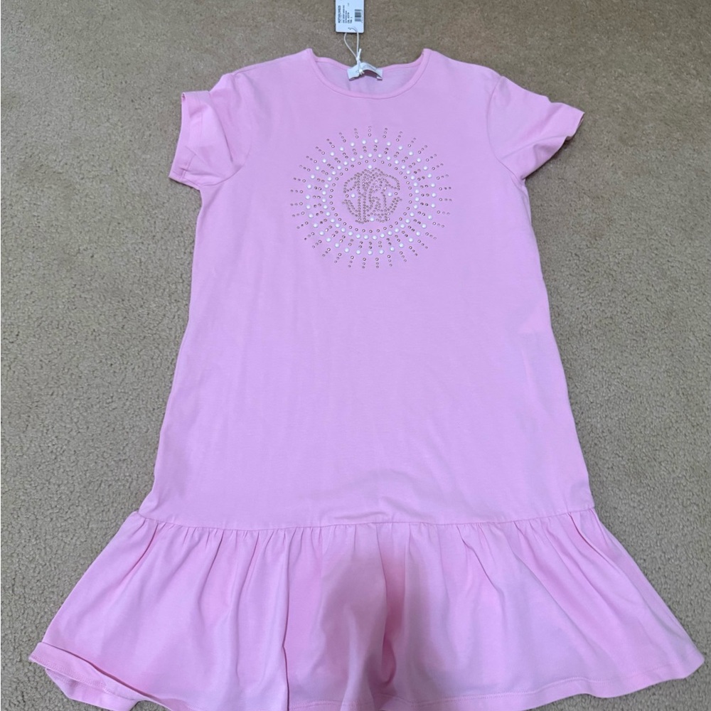 NEW!  Roberto Cavalli Pink Rhinestone/Pearl Logo T‑Shirt Dress